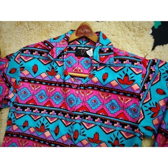 Vtg 1980s 90s NAVAJO Turquoise Pink ALL-OVER Print BRUSHPOPPER Rodeo Shirt Sz S - Picture 2 of 8